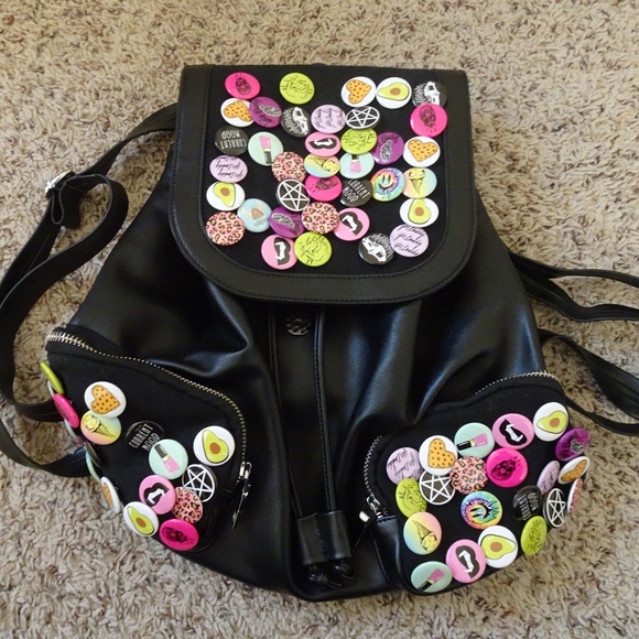 Current Mood Black Vegan Leather Punk Emoji Pin Goth Backpack:) - Picture 6 of 8